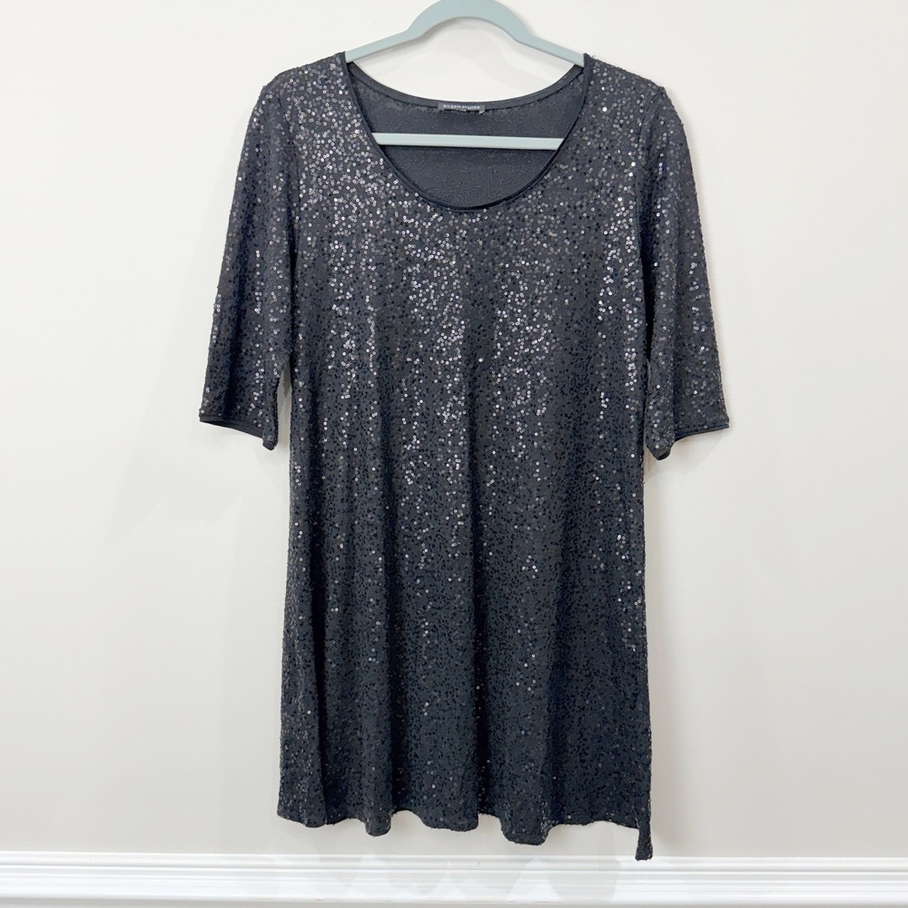 Eileen Fisher Women Medium Black Silk Sequin Shift Mini Dress Elbow Scoop Party